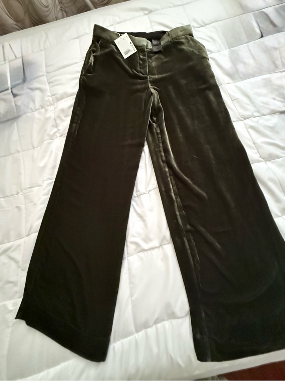 COS Olive Green Velvet Wide-Leg Boot-Cut Pants
